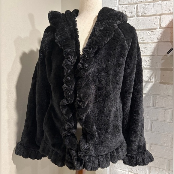 Damselle Jackets & Blazers - Damselle Black Plush Faux Fur Ruffle Jacket